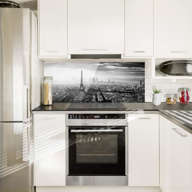 Spritzschutz Küche Der Eiffelturm von Oben Schwarz-weiß