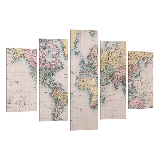 Leinwandbild 5-teilig - Vintage Weltkarte um 1850