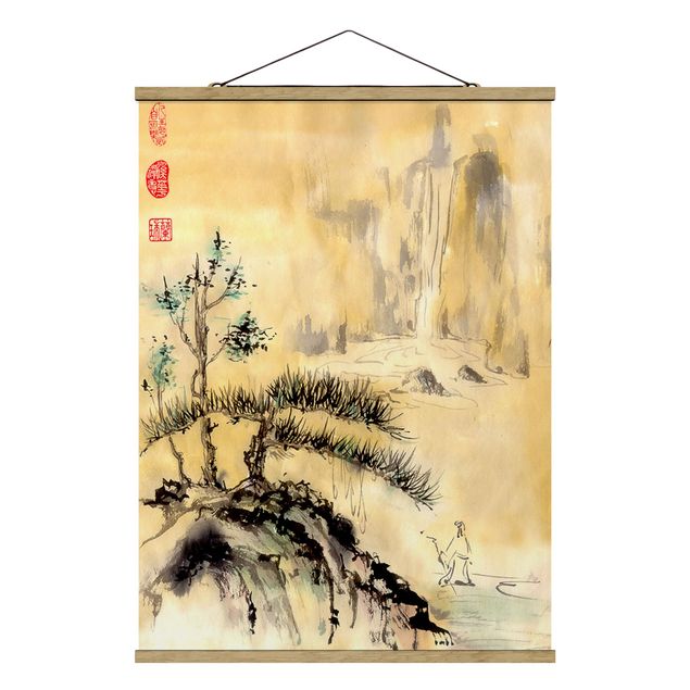 Stoffbild mit Posterleisten - Japanische Aquarell Zeichnung Zedern und Berge - Hochformat 3:4
