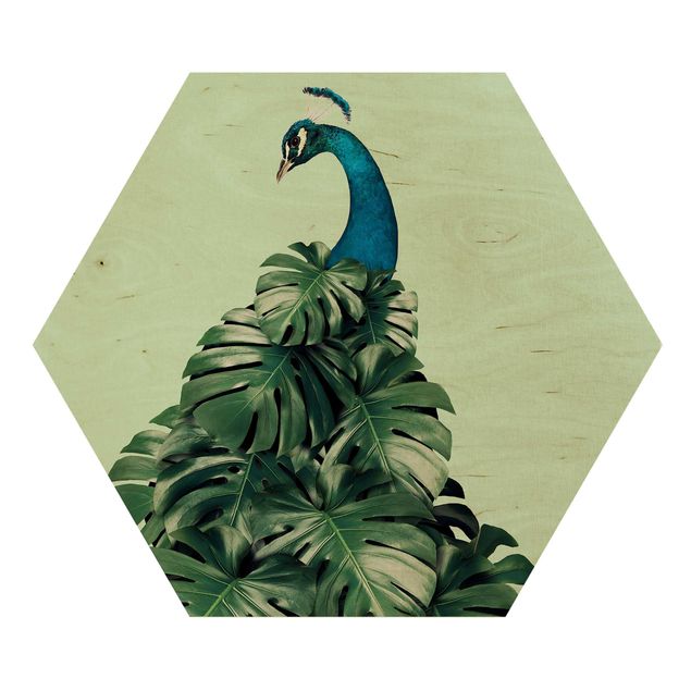 Hexagon Bild Holz - Jonas Loose - Pfau mit Monstera Blättern