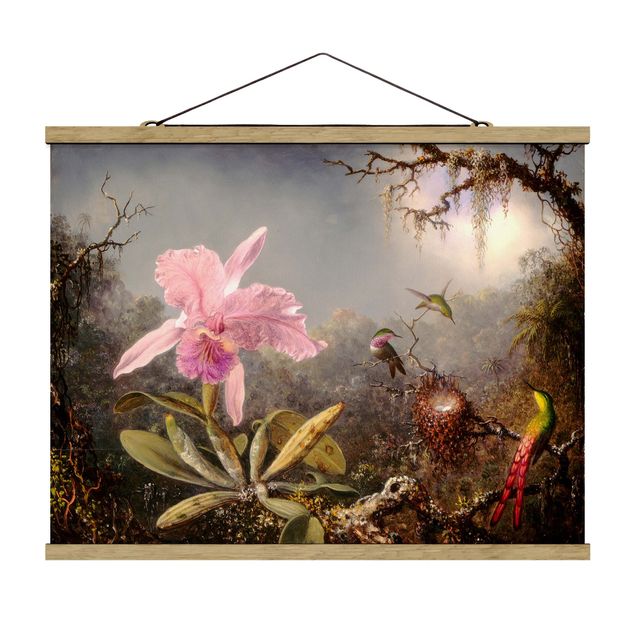 Stoffbilder mit Holzleisten Martin Johnson Heade - Orchidee und drei Kolibris