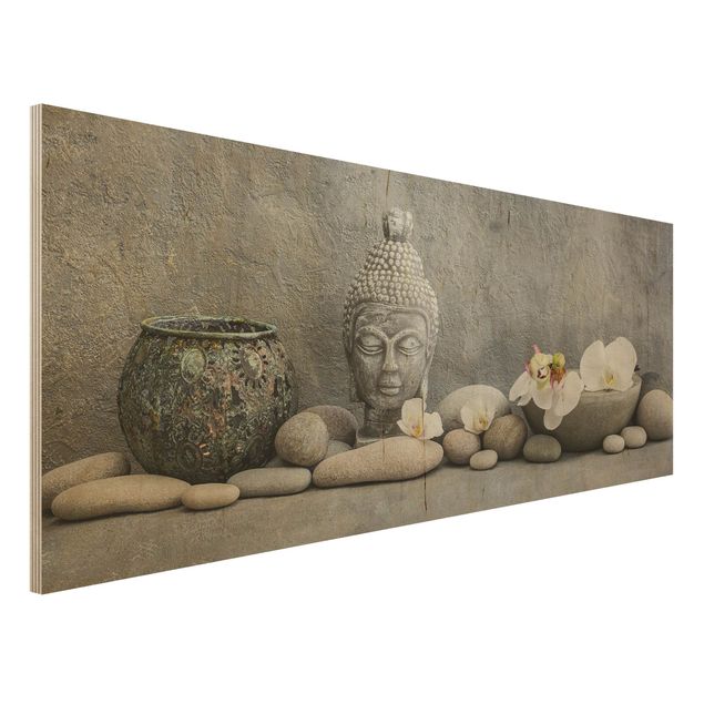 Holzbild - Zen Buddha mit weißen Orchideen - Panorama