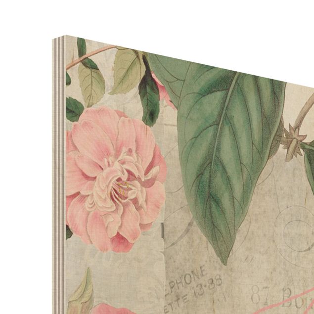 Holzbild - Shabby Chic Collage - Rosa Blüten und blaue Vögel - Quadrat 1:1