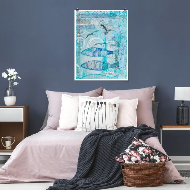 Schöne Wandbilder Bunte Collage - Blaue Fische