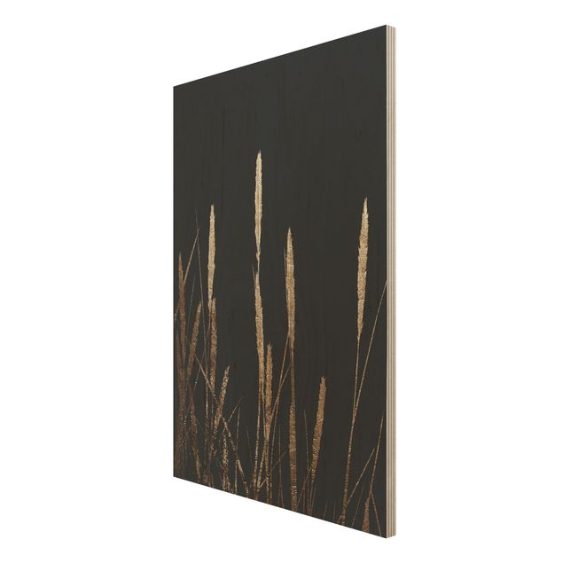 Wandbild Holz Grafische Pflanzenwelt - Goldenes Schilf