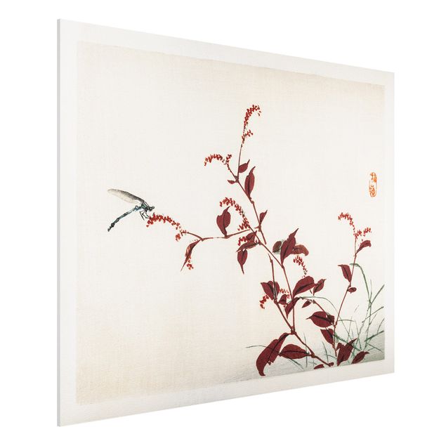 Wandbilder Tiere Asiatische Vintage Zeichnung Roter Zweig mit Libelle