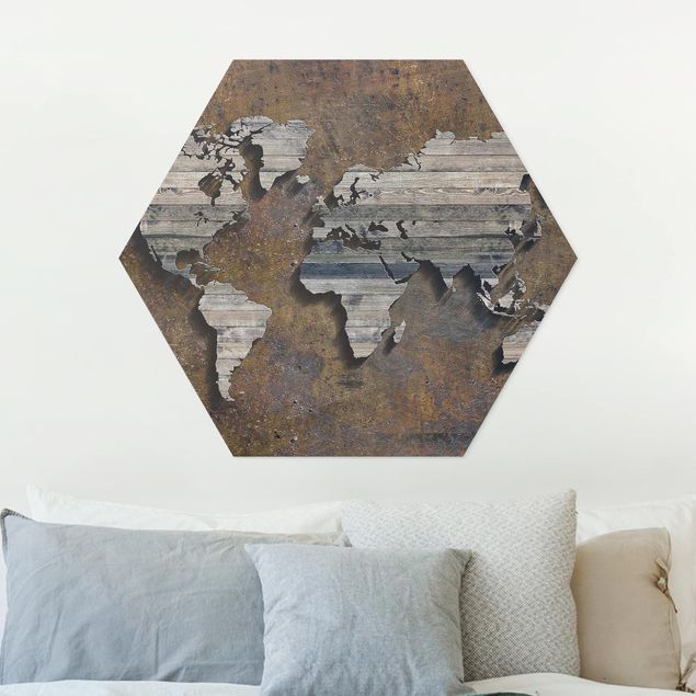 Bilder auf Hartschaumplatte Holz Rost Weltkarte