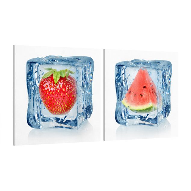 Leinwandbild 2-teilig - Erdbeere und Melone im Eiswürfel - Quadrate 1:1