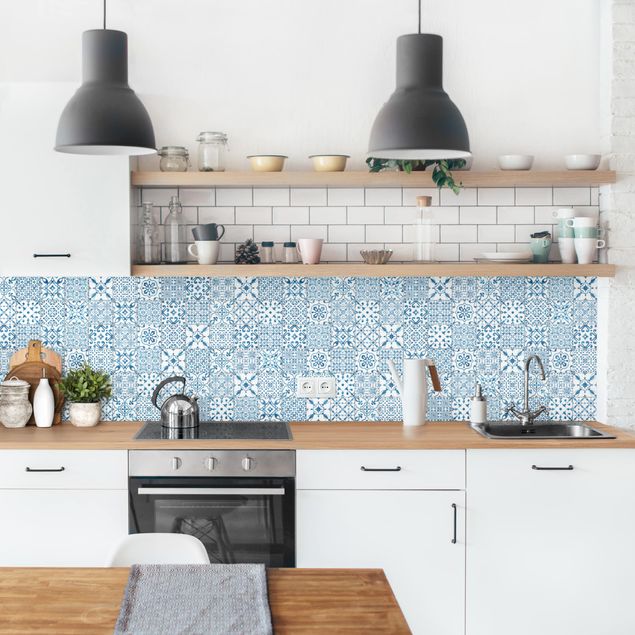 Küchenrückwand Muster Musterfliesen Blau Weiß
