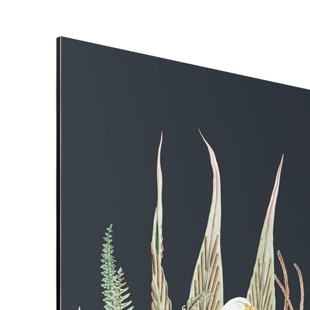 Alu-Dibond - Flamingo und Storch mit Pflanzen auf Grün - Hochformat