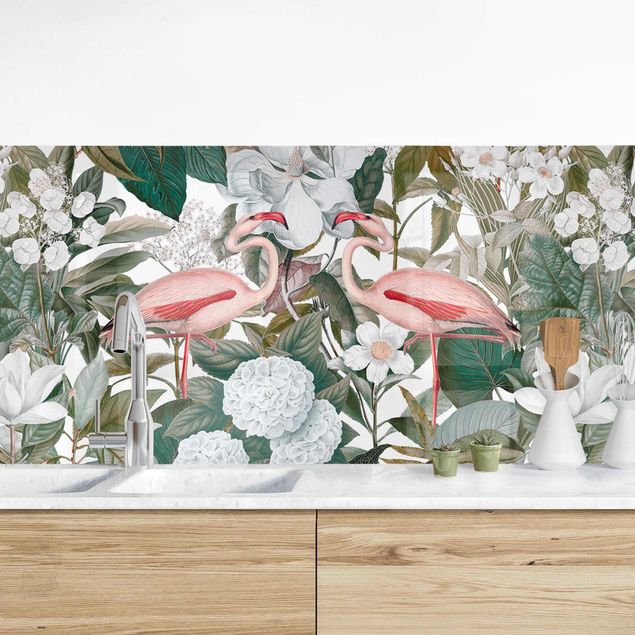 Küchenrückwände Platte Rosa Flamingos mit Blättern und weißen Blumen