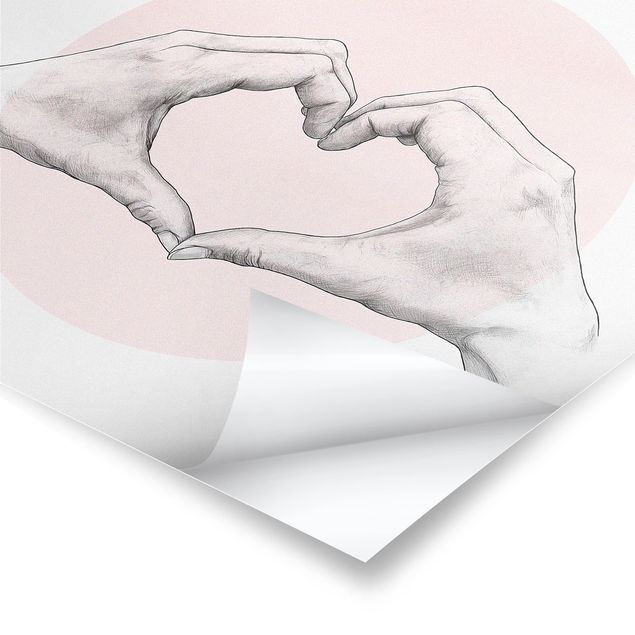 Poster - Illustration Herz Hände Kreis Rosa Weiß - Quadrat 1:1
