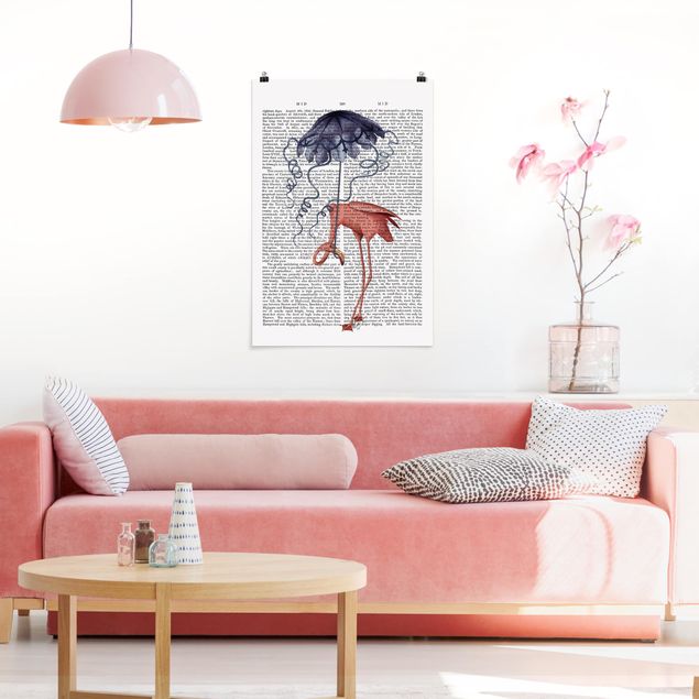 Poster Illustration Tierlektüre - Flamingo mit Regenschirm