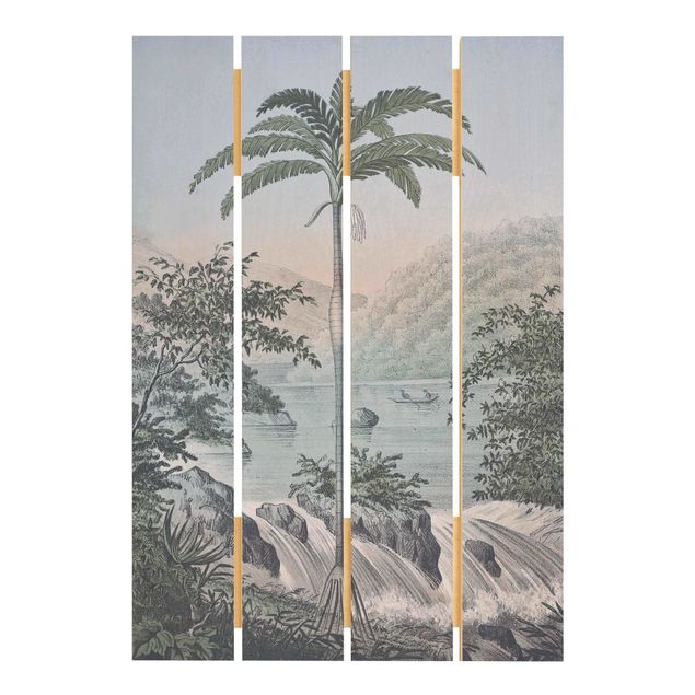 Wandbild Holz Vintage Illustration - Landschaft mit Palme