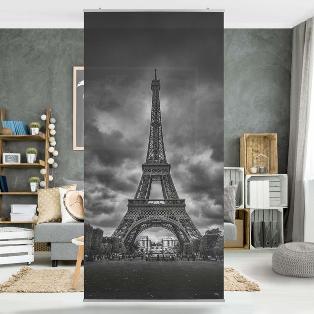 Raumteiler - Eiffelturm vor Wolken schwarz-weiß - 250x120cm