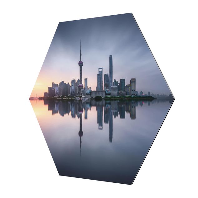 Hexagon Bild Alu-Dibond - Shanghai Skyline Morgenstimmung