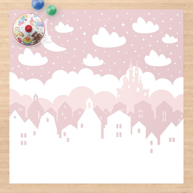 outdoor-teppich wetterfest Sternenhimmel mit Häusern und Mond in rosa