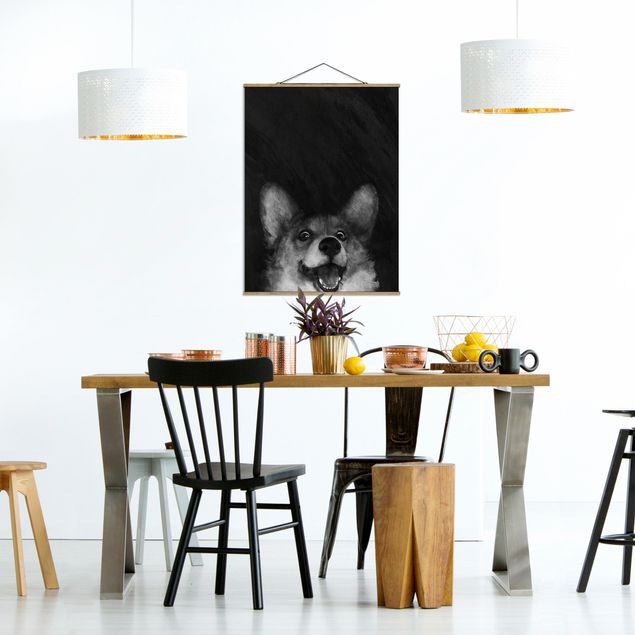 Stoffbilder Illustration Hund Corgi Malerei Schwarz Weiß