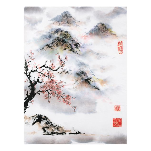 Bilder für die Wand Japanische Aquarell Zeichnung Kirschbaum und Berge
