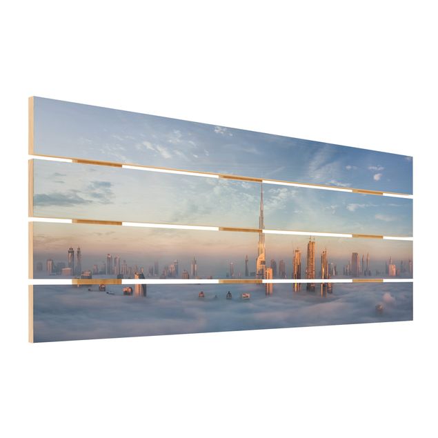 Holzbild - Dubai über den Wolken - Querformat 2:5