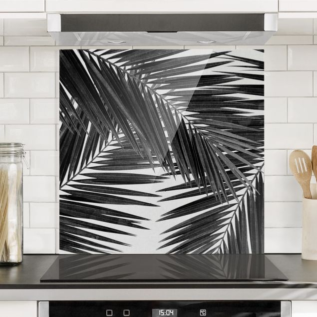 Spritzschutz Glas magnetisch Blick durch Palmenblätter schwarz weiß