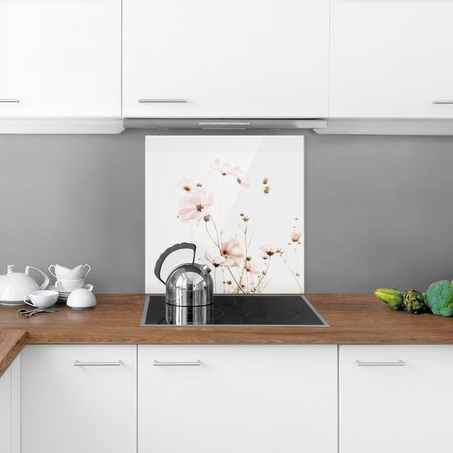Küchenrückwand Glas Motiv Blumen Cosmea in zarten Cremetönen