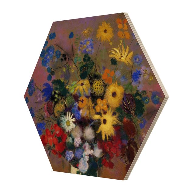 Hexagon Bild Holz - Odilon Redon - Blumen in einer Vase
