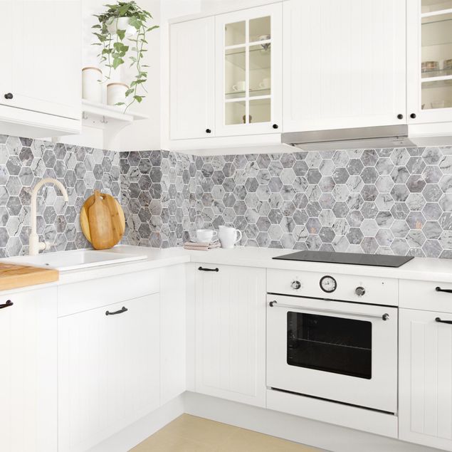 Küchenrückwand abstrakt Marmor Hexagon Fliesen - Grau