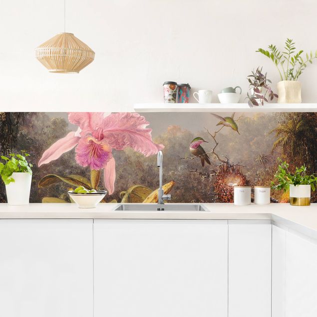 Küchenrückwand Glas Motiv Blumen Martin Johnson Heade - Orchidee und drei Kolibris