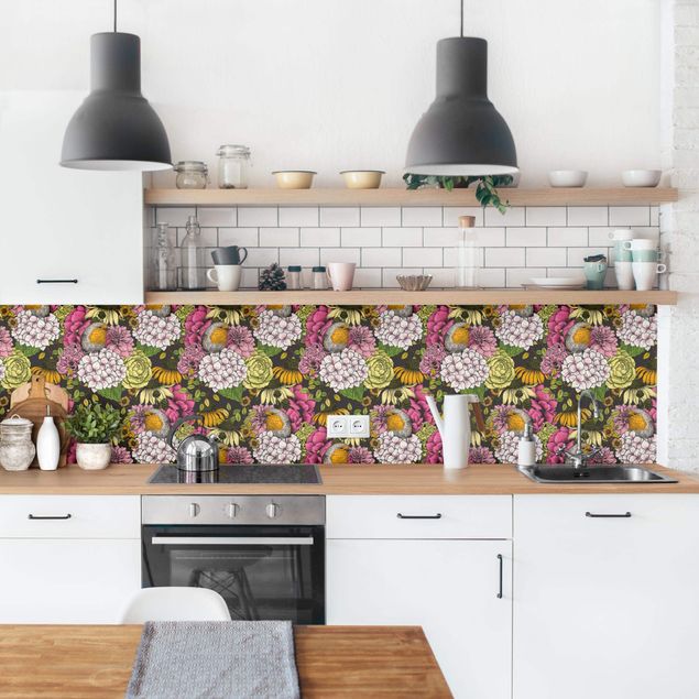 Küchenrückwand Muster Rotkehlchen mit Blumen
