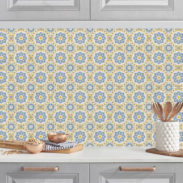 Küchenrückwände Platte Florale Fliesen blau-gelb