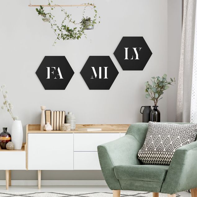 Hexagon Wandbilder Buchstaben FAMILY Weiß Set I