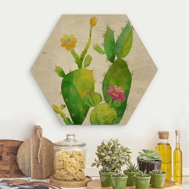 Moderne Holzbilder Kaktusfamilie rosa gelb