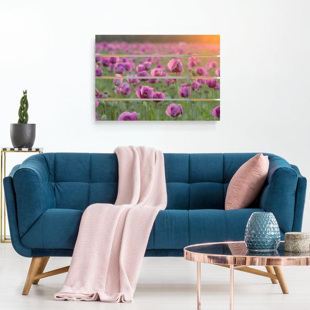 Bilder auf Holz Violette Schlafmohn Blumenwiese im Frühling