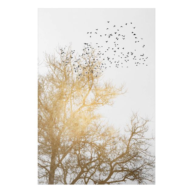 Schöne Wandbilder Vogelschwarm vor goldenem Baum