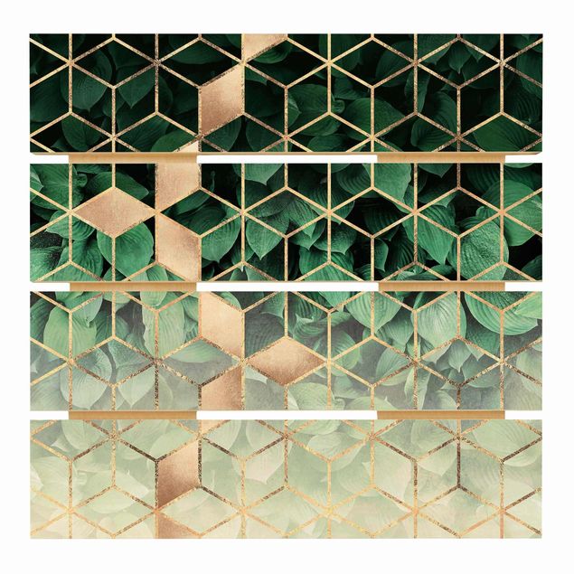 Holzbild - Elisabeth Fredriksson - Grüne Blätter goldene Geometrie - Quadrat 1:1