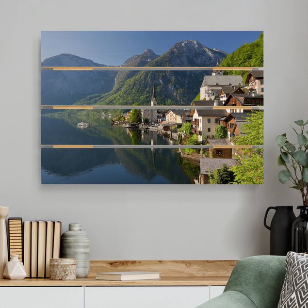 Holzbilder Landschaften Hallstätter See und Bergblick
