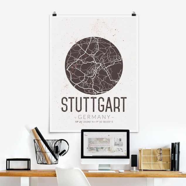 Wandposter Schwarz-Weiß Stadtplan Stuttgart - Retro