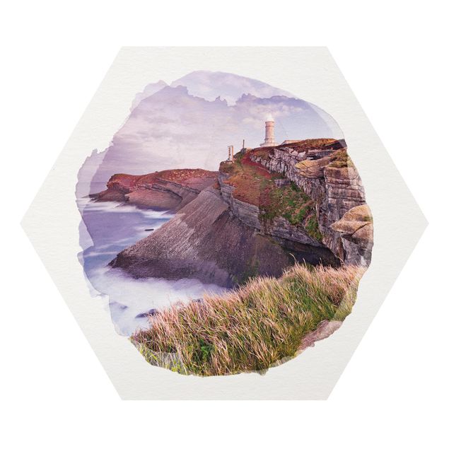 Hexagon Bild Forex - Wasserfarben - Steilküste und Leuchtturm
