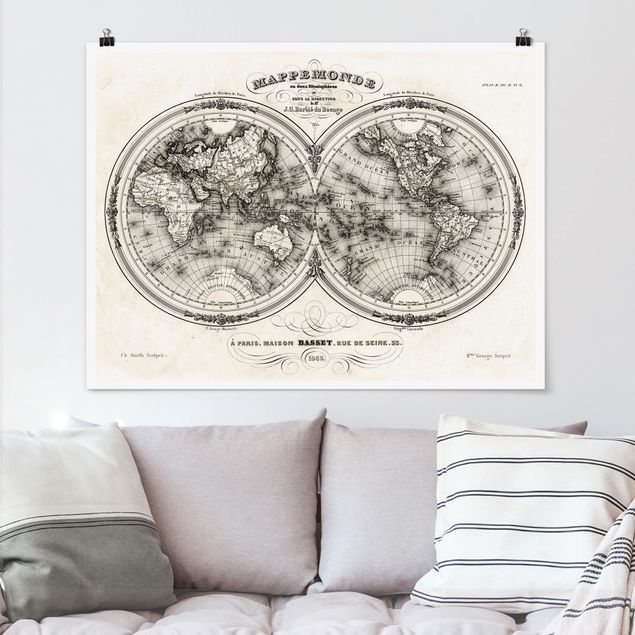 Poster Illustration Weltkarte - Französische Karte der Hemissphären von 1848