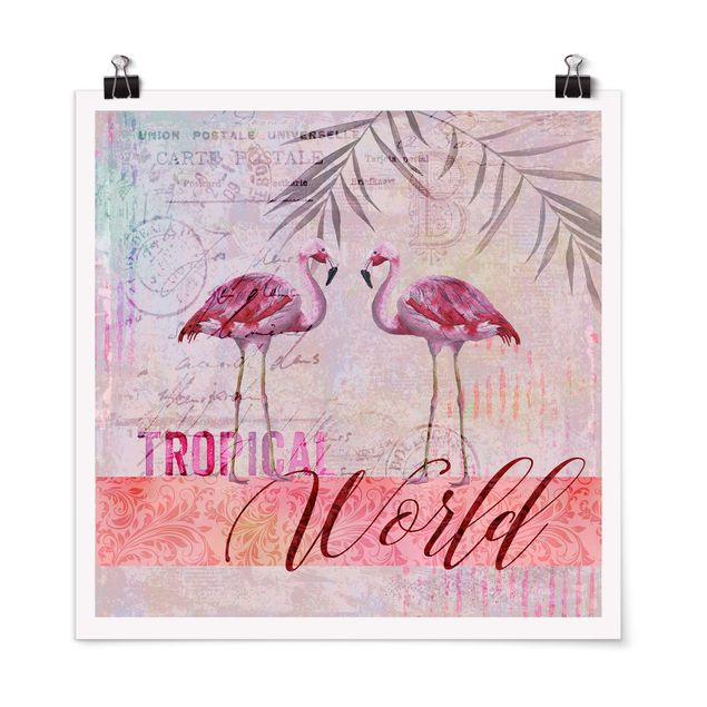 Retro Poster  Vintage Collage - Tropical World Flamingos