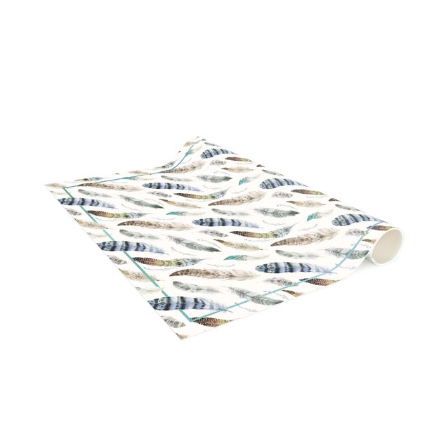 Teppich modern Boho Aquarell Federn in Erdtönen mit Rahmen