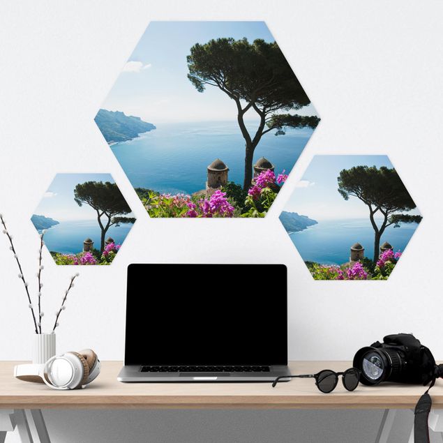 Hexagon Bild Alu-Dibond - Ausblick vom Garten aufs Meer