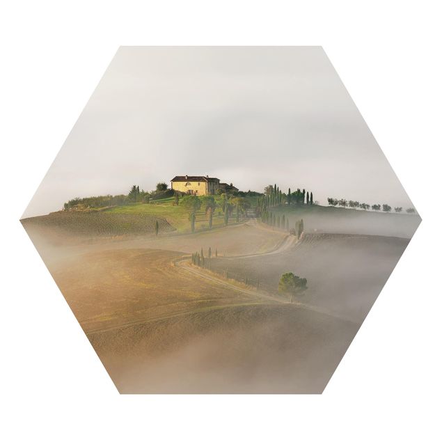 Hexagon Bild Alu-Dibond - Morgennebel in der Toskana