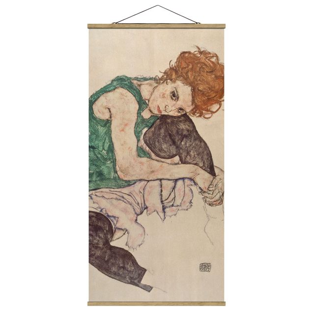 Stoffbilder mit Holzleisten Egon Schiele - Sitzende Frau mit hochgezogenem Knie