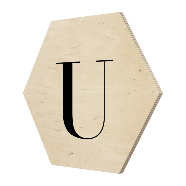 Hexagon Bild Holz - Buchstabe Serif Weiß U