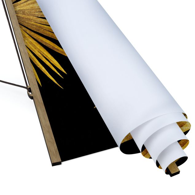 Stoffbild mit Posterleisten - Gold - Palmenblatt auf Schwarz - Quadrat 1:1