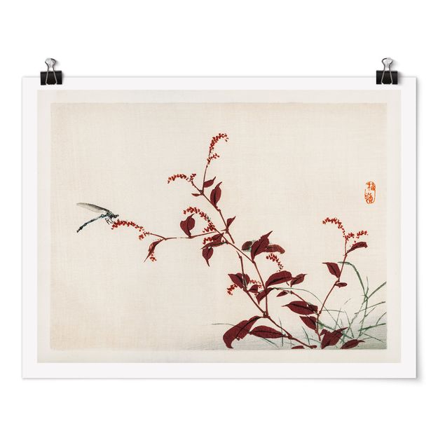 Tierposter Asiatische Vintage Zeichnung Roter Zweig mit Libelle