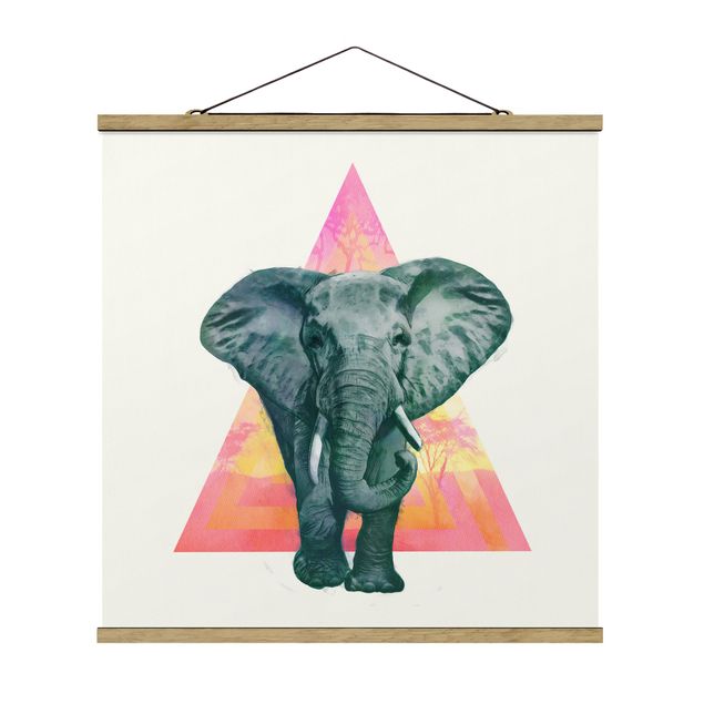 Stoffbild mit Posterleisten - Laura Graves - Illustration Elefant vor Dreieck Malerei - Quadrat 1:1