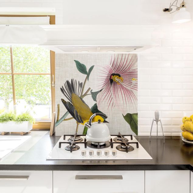 Küchenrückwand Glas Motiv Blumen Vogel auf Leinen Gelb I